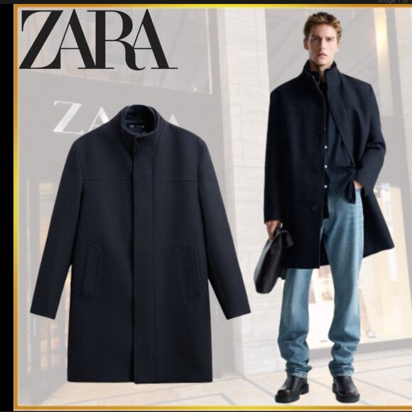 Zara Other - MEN Zara Navy Blue Coat with Removable Layered High Collar Size L NWT
